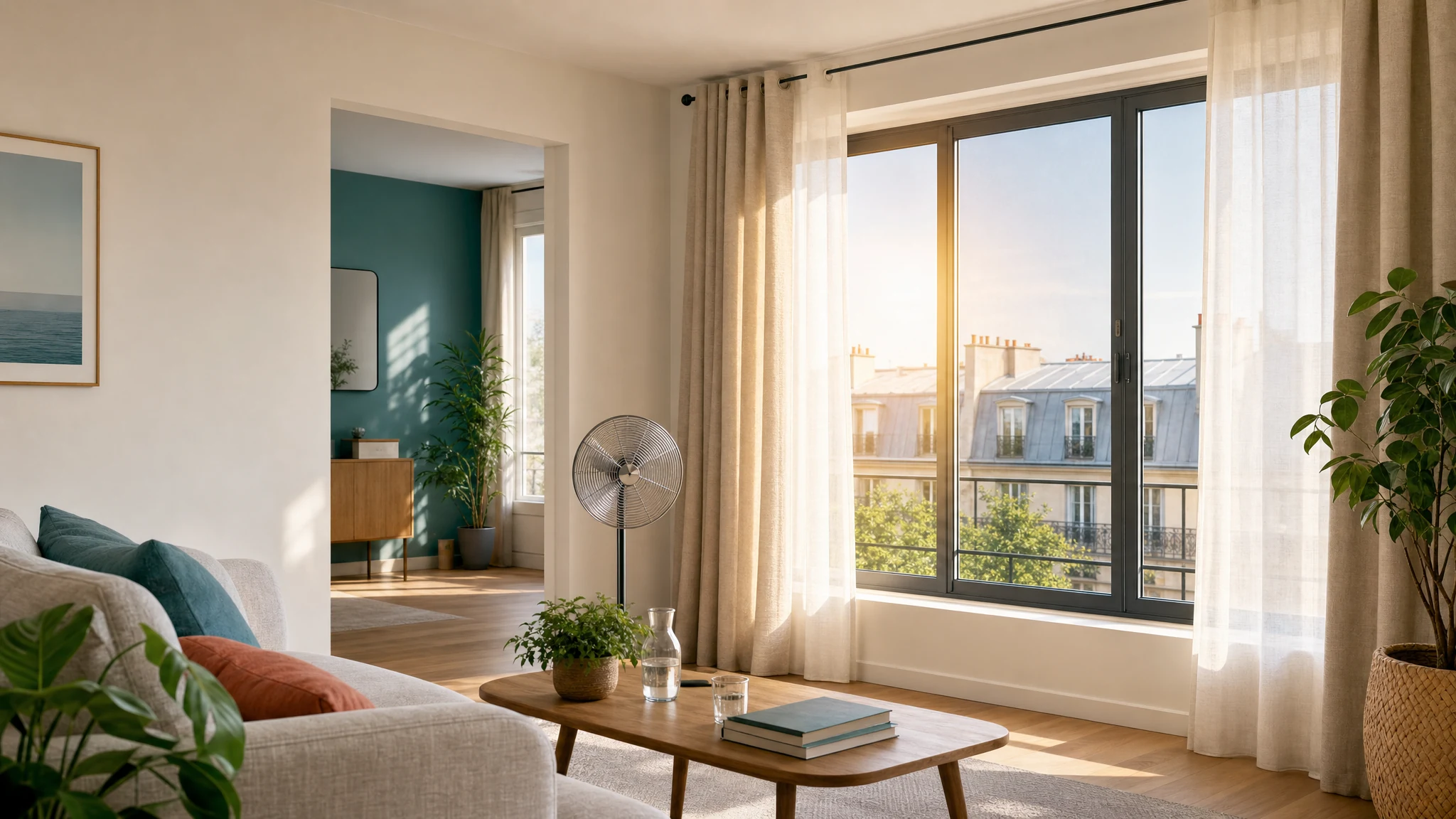 Salon lumineux avec fenêtre, rideaux thermiques et film anti-chaleur